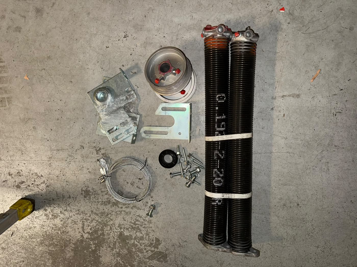 Complete torsion spring replacement kit: springs, drums, cables, and hardware